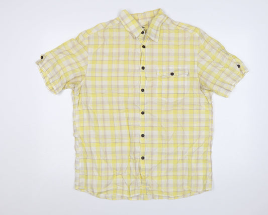 Marks and Spencer Men's Yellow Check Short Sleeve Cotton Shirt M