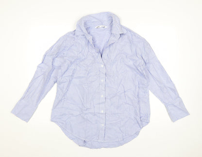 Zara Women Blue Striped Cotton Button-Up Shirt Size S