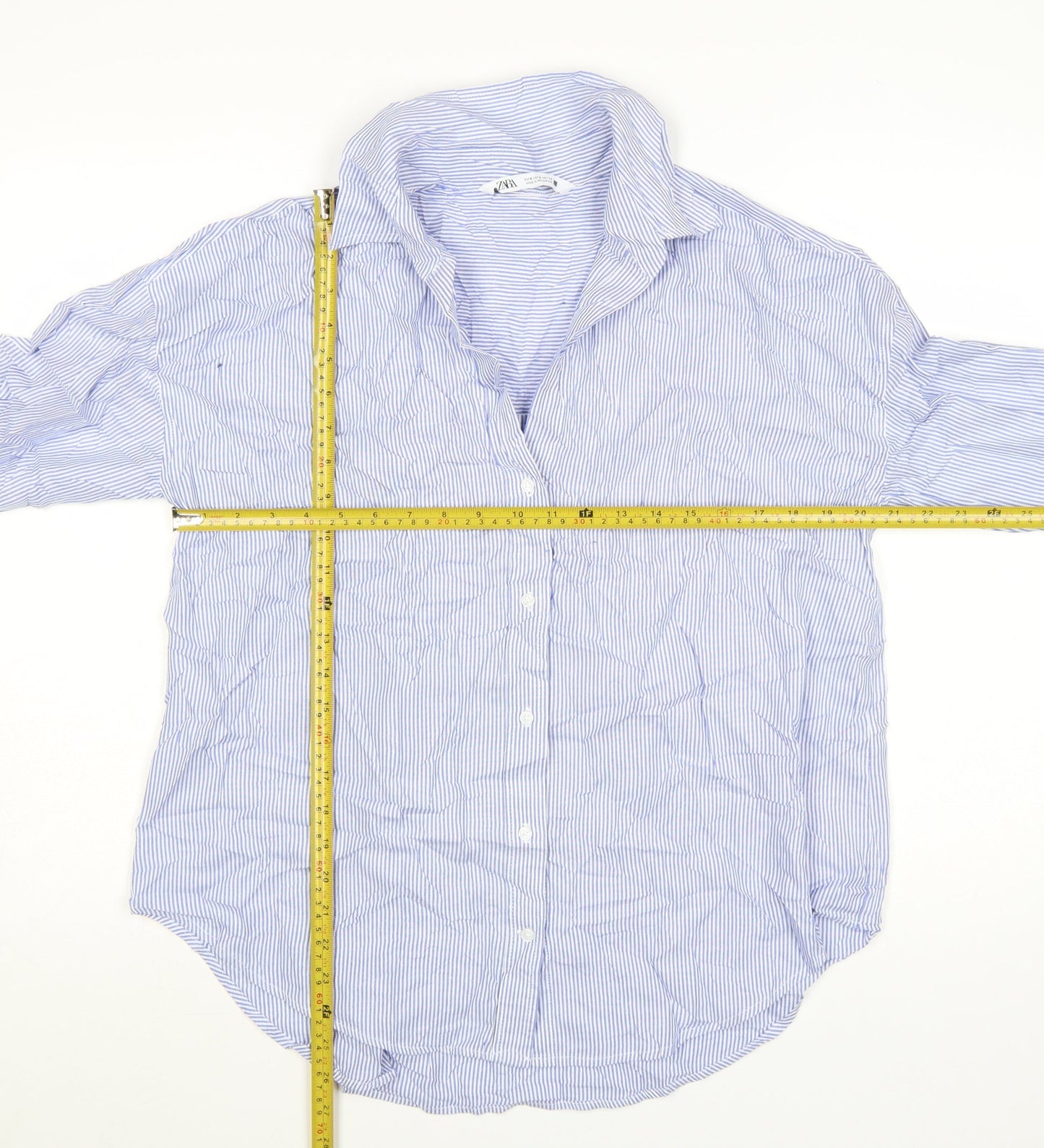 Zara Women Blue Striped Cotton Button-Up Shirt Size S