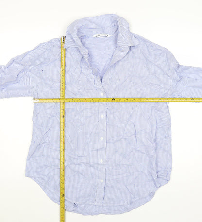 Zara Women Blue Striped Cotton Button-Up Shirt Size S