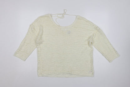 Kaleidoscope Women Ivory Open-Knit 3/4 Sleeve Pullover Jumper Size 14