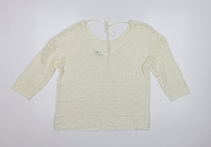 Kaleidoscope Women Ivory Open-Knit 3/4 Sleeve Pullover Jumper Size 14