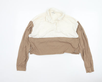 Hollister Women Beige Cropped Button-Up Long Sleeve Top M