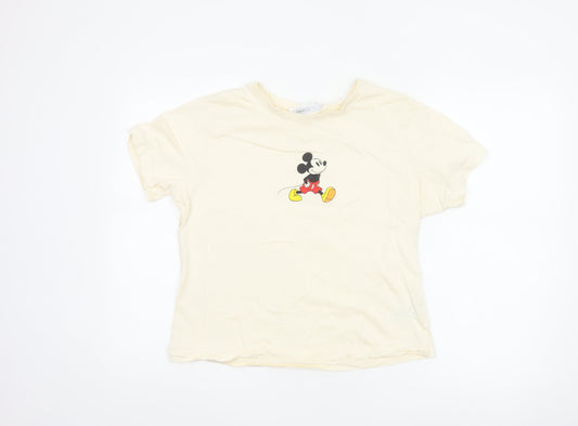 Front view of Primark Women Ivory Mickey Mouse T-Shirt XL Short Sleeve Cotton Top