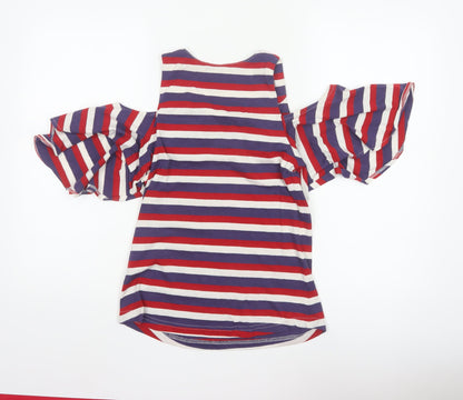 HYPERNATION Women’s Multicoloured Striped Cold Shoulder Cotton T-Shirt Size S