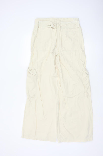 Bershka Women’s Beige Cotton Cargo Trousers XS Wide-Leg