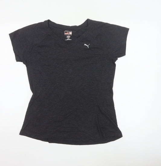 Additional front view of Puma women’s black v-neck short sleeve basic sports t-shirt, size UK 14