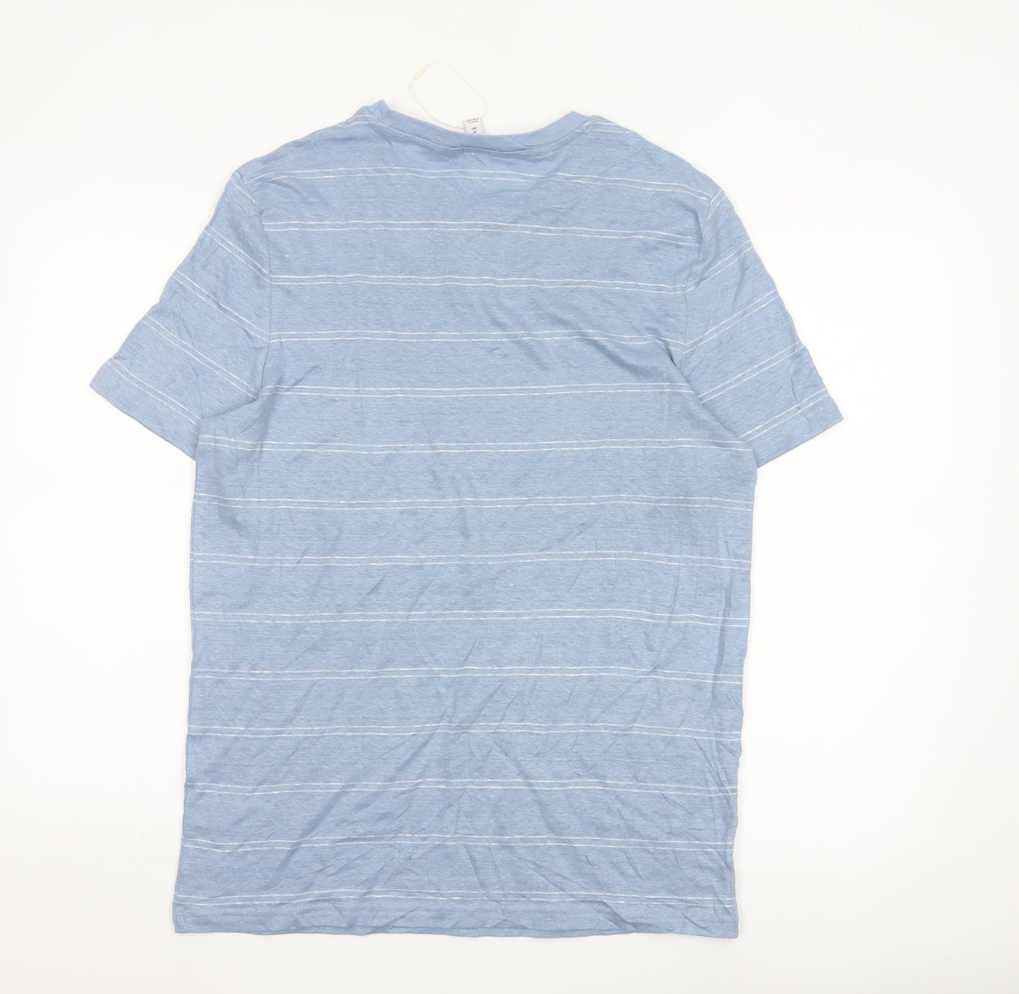 Marks and Spencer Men's Blue Striped Linen Regular Fit T-Shirt M