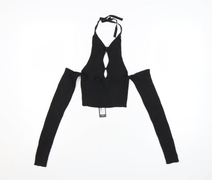 PrettyLittleThing Women's Black Halter Cut-Out Cropped Long Sleeve Top Size S