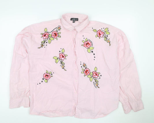 Topshop Women's Pink Floral Embroidered Cotton Button-Up Shirt UK 10
