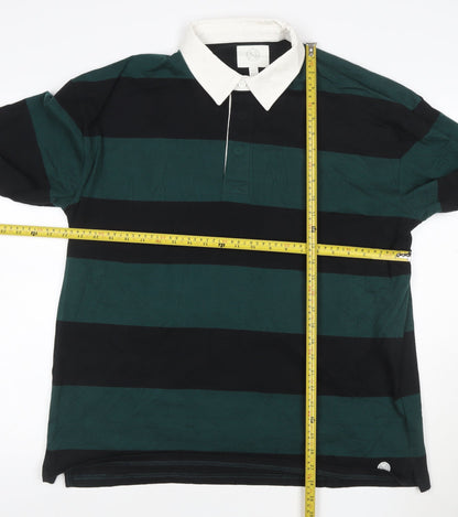 Marks and Spencer Men's Green Black Rugby Polo Shirt Long Sleeve L