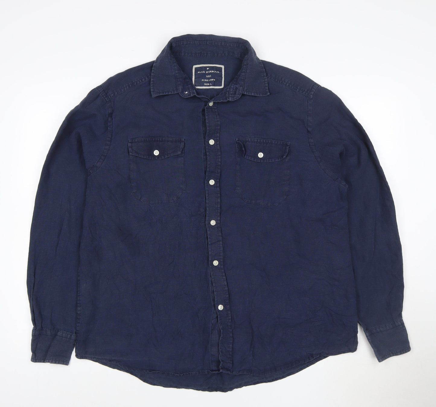 Marks and Spencer Blue Harbour Men's Blue Linen Long Sleeve Shirt L