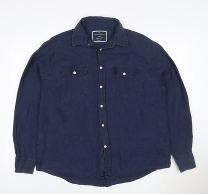 Marks and Spencer Blue Harbour Men's Blue Linen Long Sleeve Shirt L