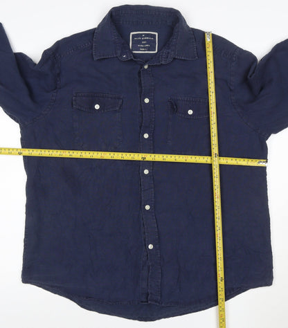 Marks and Spencer Blue Harbour Men's Blue Linen Long Sleeve Shirt L