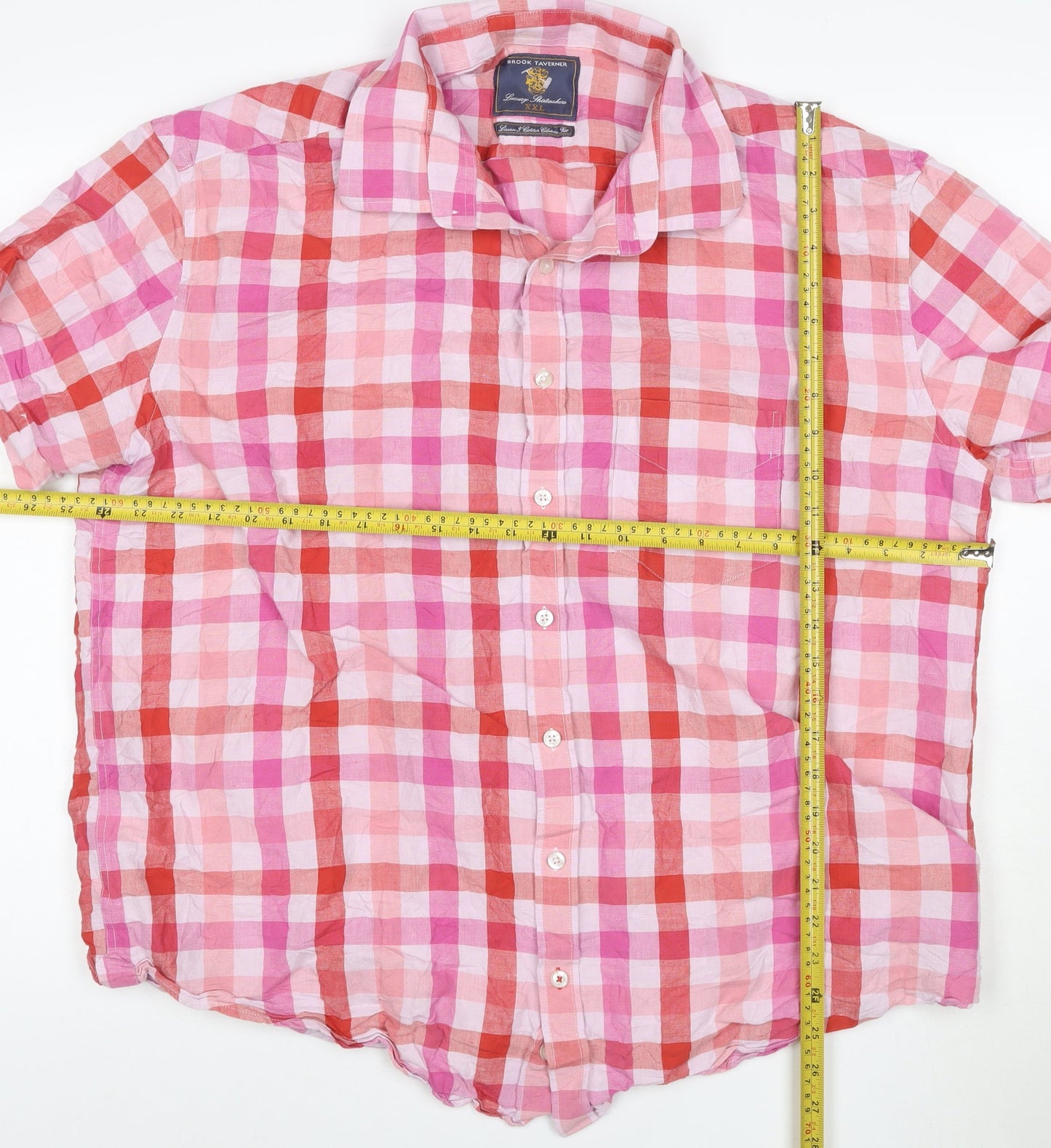 Brook Taverner Men's Pink Check Linen Cotton Short Sleeve Shirt XXL