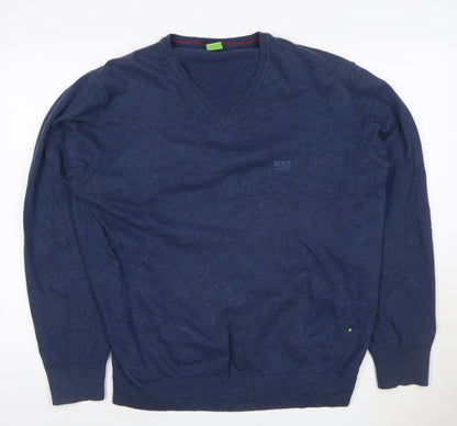 BOSS Mens Blue 2XL V-Neck Cotton Pullover Jumper with Elbow Patches