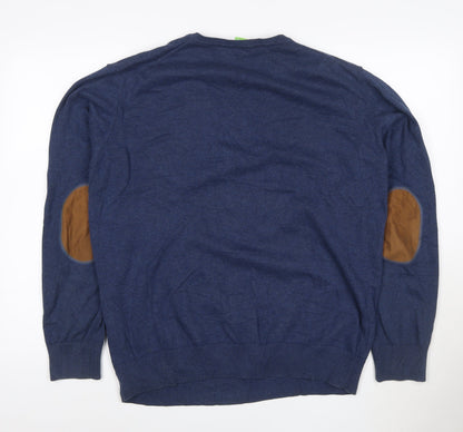 BOSS Mens Blue 2XL V-Neck Cotton Pullover Jumper with Elbow Patches
