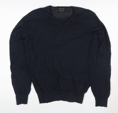 Massimo Dutti Women's Blue V-Neck Cotton Cashmere Jumper Size M
