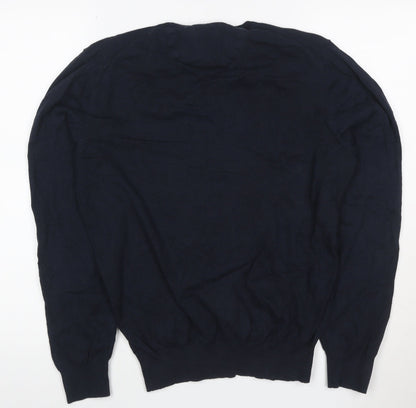 Massimo Dutti Women's Blue V-Neck Cotton Cashmere Jumper Size M