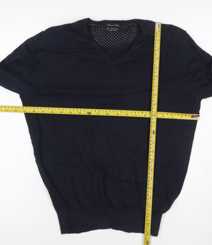 Massimo Dutti Women's Blue V-Neck Cotton Cashmere Jumper Size M