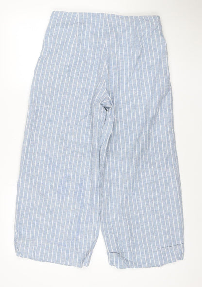 Warehouse Women Blue Striped Linen Blend Wide-Leg Trousers UK 12