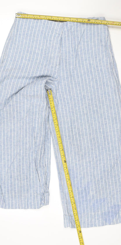 Warehouse Women Blue Striped Linen Blend Wide-Leg Trousers UK 12