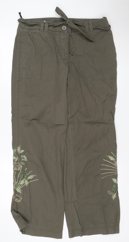 Marks and Spencer Women Khaki Embroidered Cotton Cargo Trousers UK 14