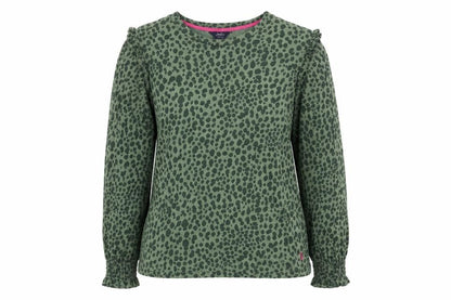 Joules Women Green Animal Print Ruffle Long Sleeve Cotton Blouse UK 6