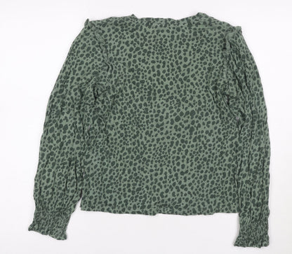 Joules Women Green Animal Print Ruffle Long Sleeve Cotton Blouse UK 6