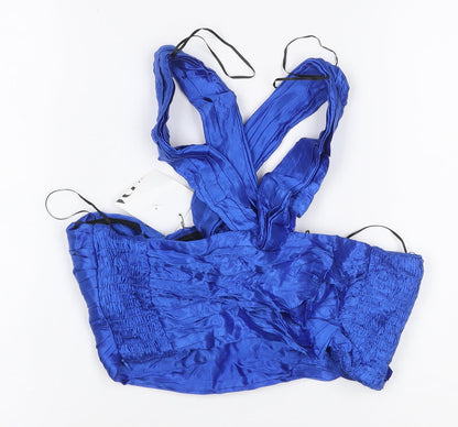 ZARA Women Blue Wrap Satin Sleeveless Bow Blouse Size S