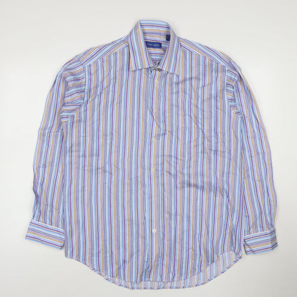 Peter England Men's Blue Striped Long Sleeve Cotton Blend Shirt 16in Collar