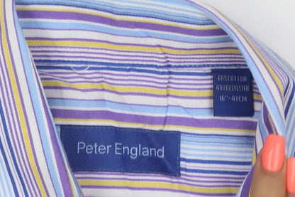 Peter England Men's Blue Striped Long Sleeve Cotton Blend Shirt 16in Collar