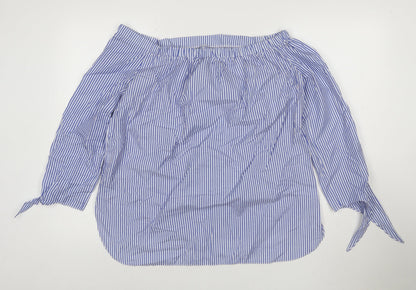 River Island Women Blue Striped Off Shoulder Blouse Size 12
