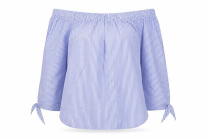River Island Women Blue Striped Off Shoulder Blouse Size 12