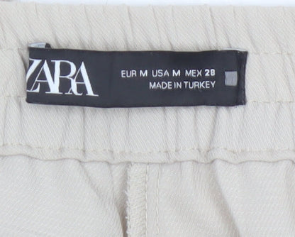 Zara Women Beige Cropped Trousers Size 12 Polyester Drawstring Waist