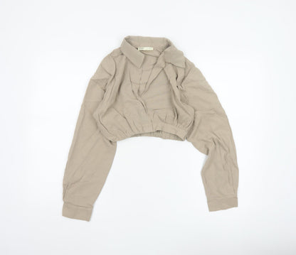 Pull&Bear Women’s Beige Cropped Collared Blouse XS Linen Blend