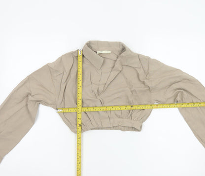 Pull&Bear Women’s Beige Cropped Collared Blouse XS Linen Blend