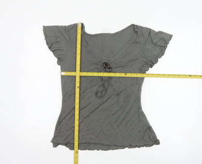 Next Women Grey V-Neck Beaded Tie Tunic Blouse Size 14