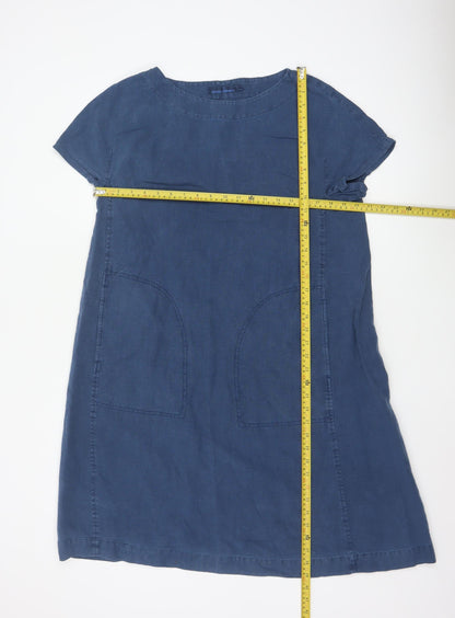 Seasalt Cornwall Women Blue Linen Shift Dress Size 14 Short Sleeve