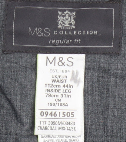 Marks and Spencer Men's Grey Wool Blend Regular Fit Trousers 44W 31L
