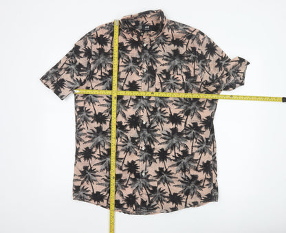 H&M Men's Beige Tropical Palm Print Regular Fit Short Sleeve Cotton Shirt L