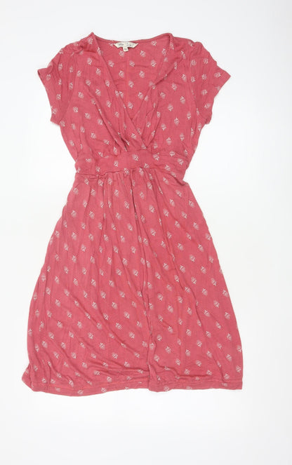 Fat Face Women Pink Floral Wrap Dress Size 12 Viscose Short Sleeve