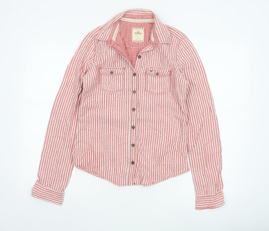 Hollister Women Red Striped Button-Up Shirt Small Cotton Casual