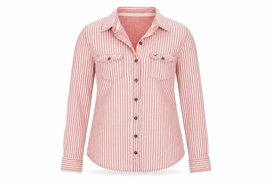 Hollister Women Red Striped Button-Up Shirt Small Cotton Casual