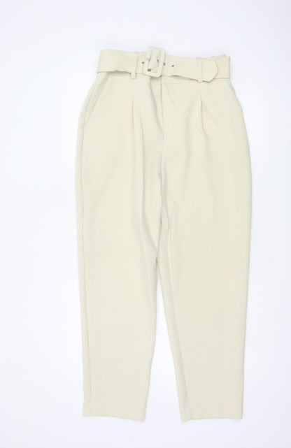 Zara Women’s Beige Paperbag Trousers L High Waist Belted Viscose Blend