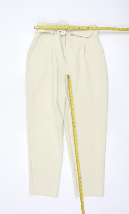 Zara Women’s Beige Paperbag Trousers L High Waist Belted Viscose Blend