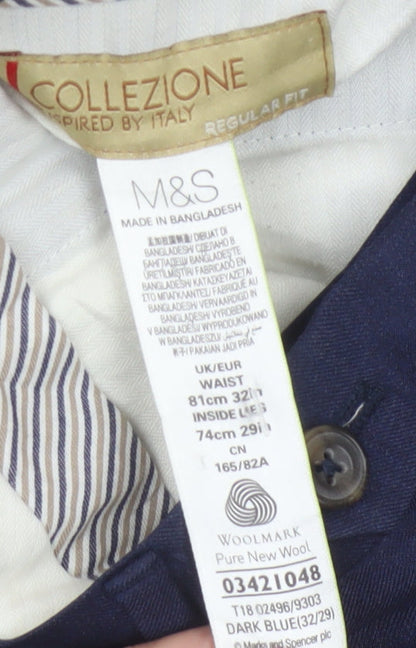 Marks and Spencer Men’s Blue Wool Regular Fit Trousers 32W 29L