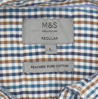 Marks and Spencer Men’s Blue Checked Cotton Button-Up Shirt L Regular Fit