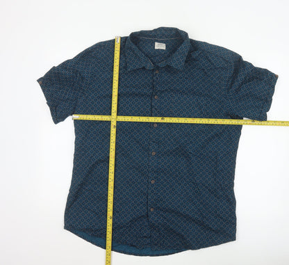 AW85 Men’s Blue Geometric Short Sleeve Cotton Button-Up Shirt XL