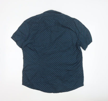 AW85 Men’s Blue Geometric Short Sleeve Cotton Button-Up Shirt XL